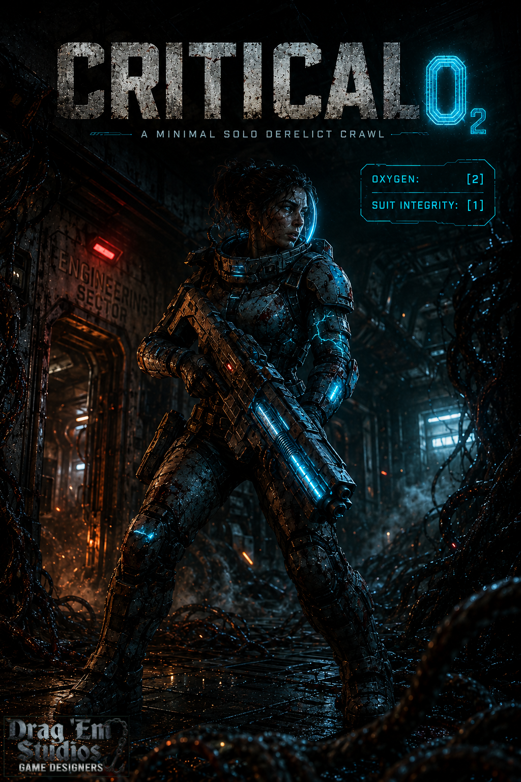 CRITICAL O2 cover art — an armored survivor in a cracked spacesuit holds a weapon ready in a dark, cable-strewn derelict corridor, oxygen and suit integrity readouts glowing beside her