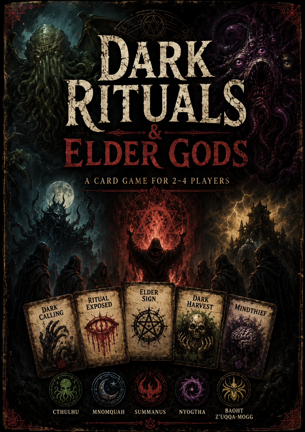 Dark Rituals & Elder Gods cover art — hooded cultists raise their arms before a glowing ritual circle as five Elder Gods loom in the sky above a moonlit gathering