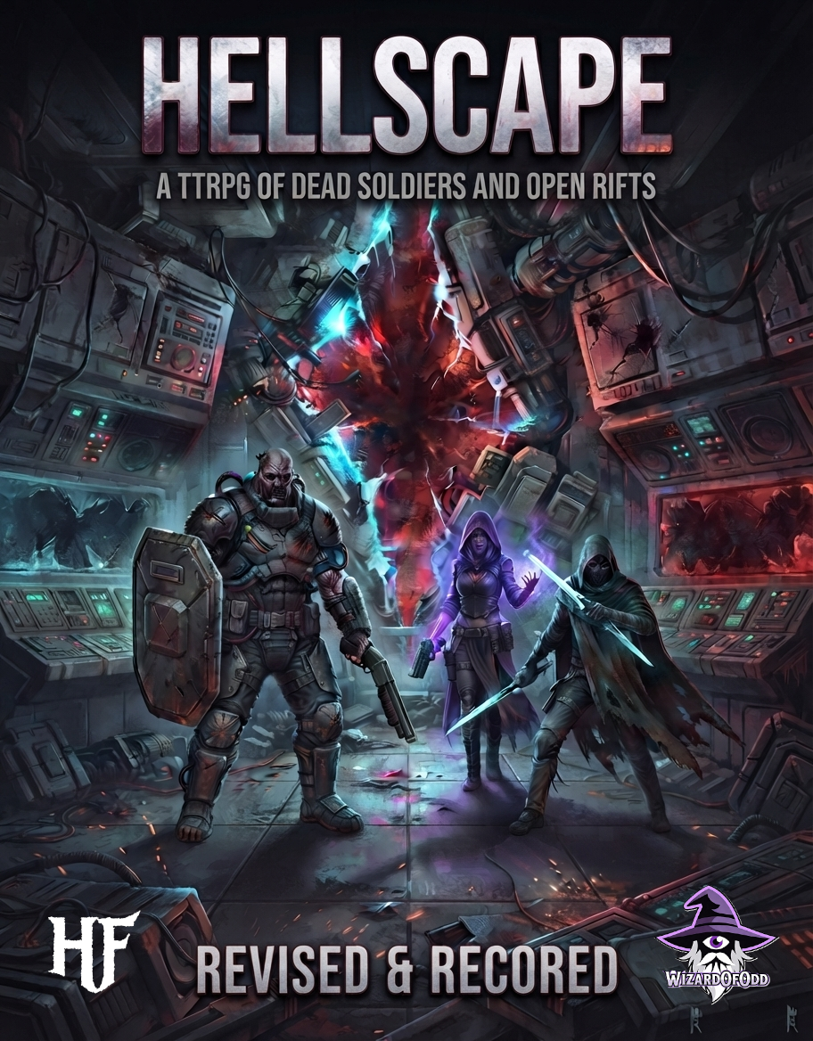 Hellscape Revised & ReCored Edition cover art — three armored soldiers stand before a glowing interdimensional rift tearing open a derelict facility