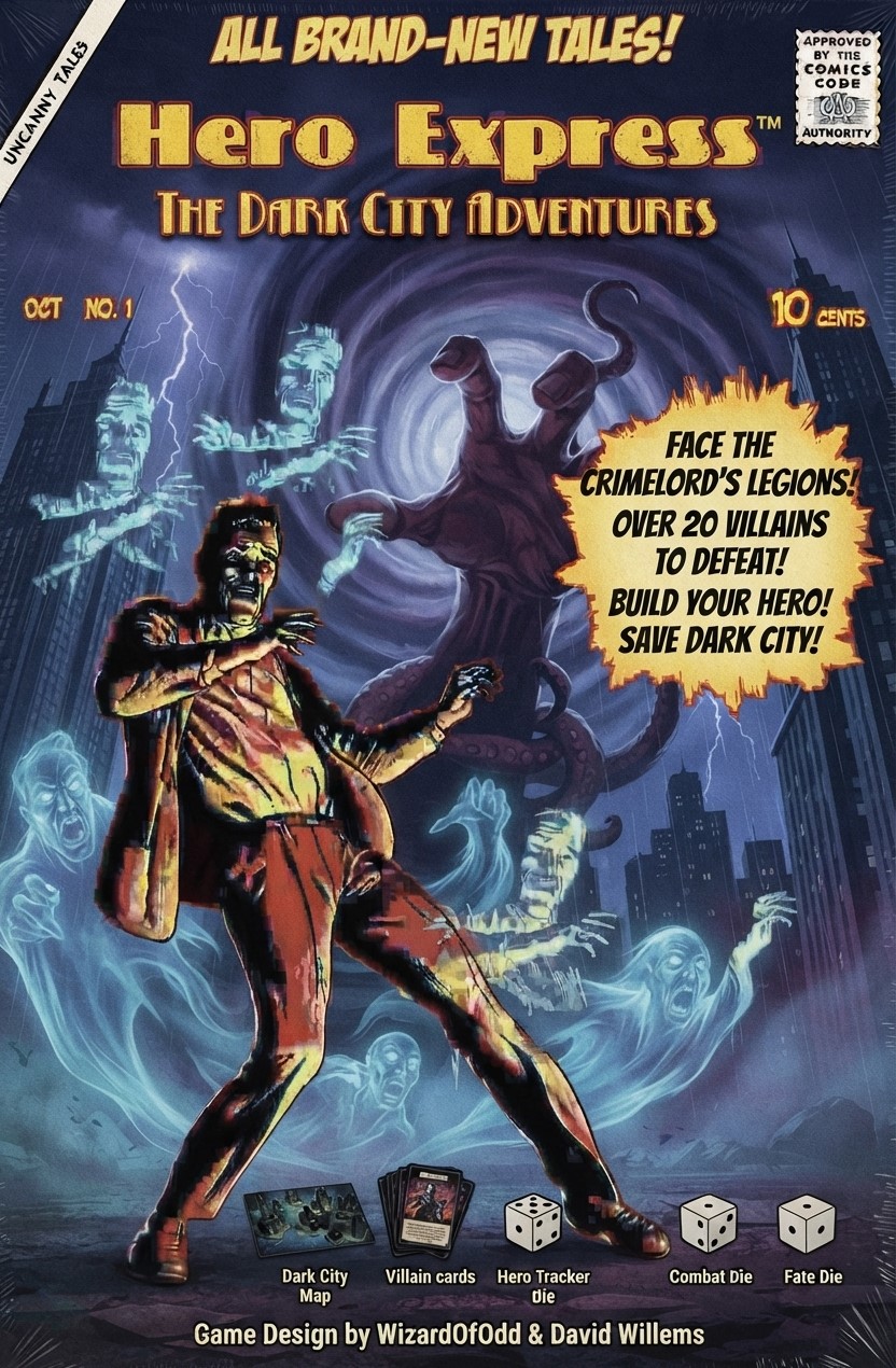 Hero Express: The Dark City Adventures cover art, styled as a vintage pulp comic book — a terrified man surrounded by ghostly grasping figures, headline reading 'The Crimelord Cometh'