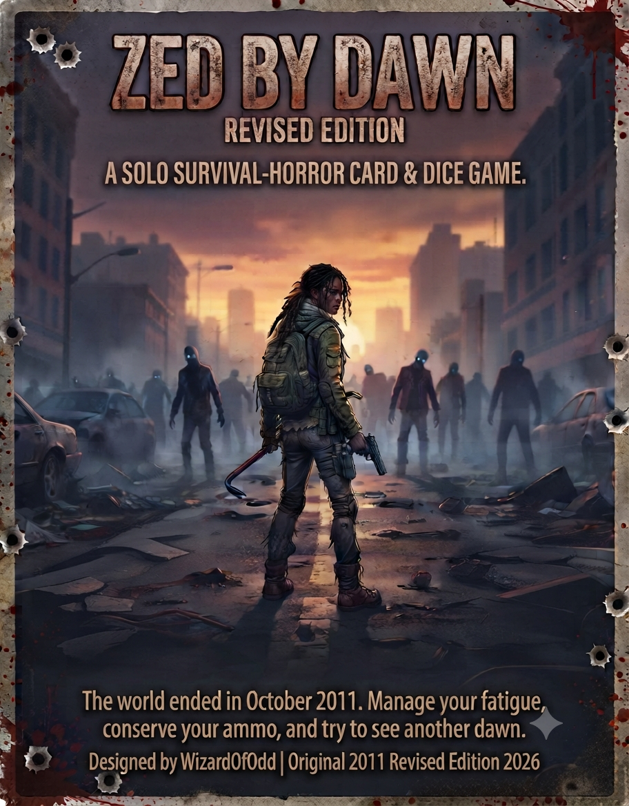Zed by Dawn Revised Edition cover art — a lone survivor with a crowbar and pistol stands in a ruined city street at dusk, facing a group of distant zombies