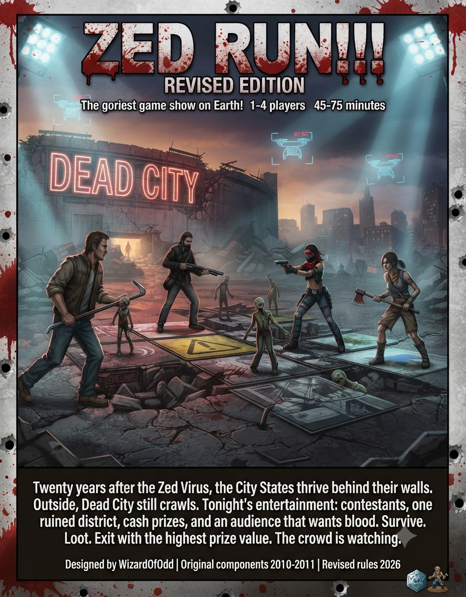 Zed Run!! Revised Edition cover art — armed survivors face off against zombies inside a ruined arena beneath a 'Dead City' sign, game-show spotlights overhead